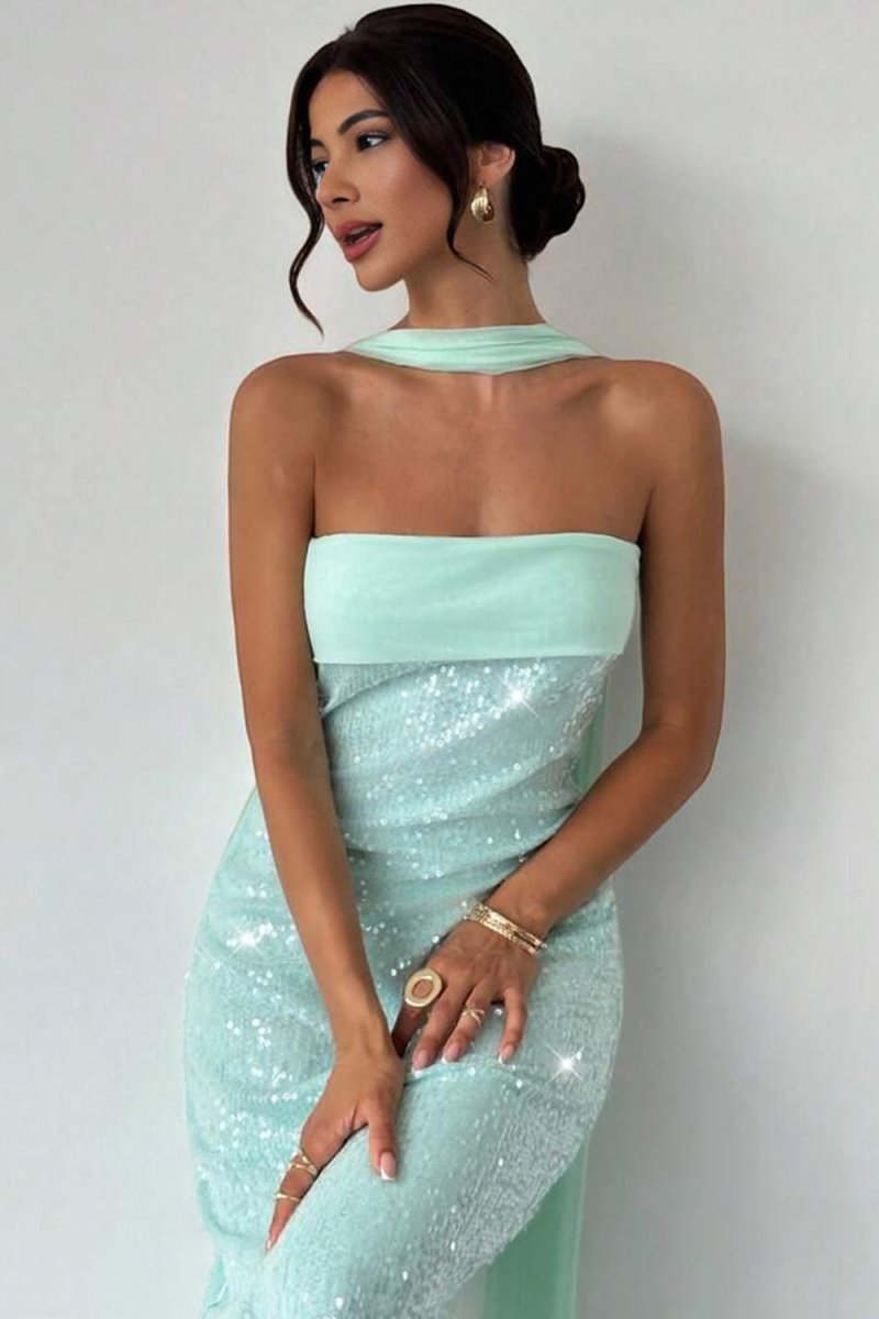 Josephine | Aqua - Strapless Sheath Sequined Formal Prom Dresses With Scarf - KissProm