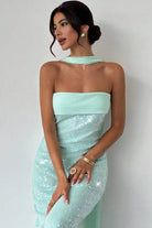 Josephine | Aqua - Strapless Sheath Sequined Formal Prom Dresses With Scarf - KissProm