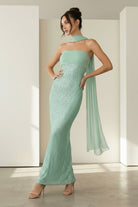 Josephine | Aqua - Strapless Sheath Sequined Formal Prom Dresses With Scarf - KissProm
