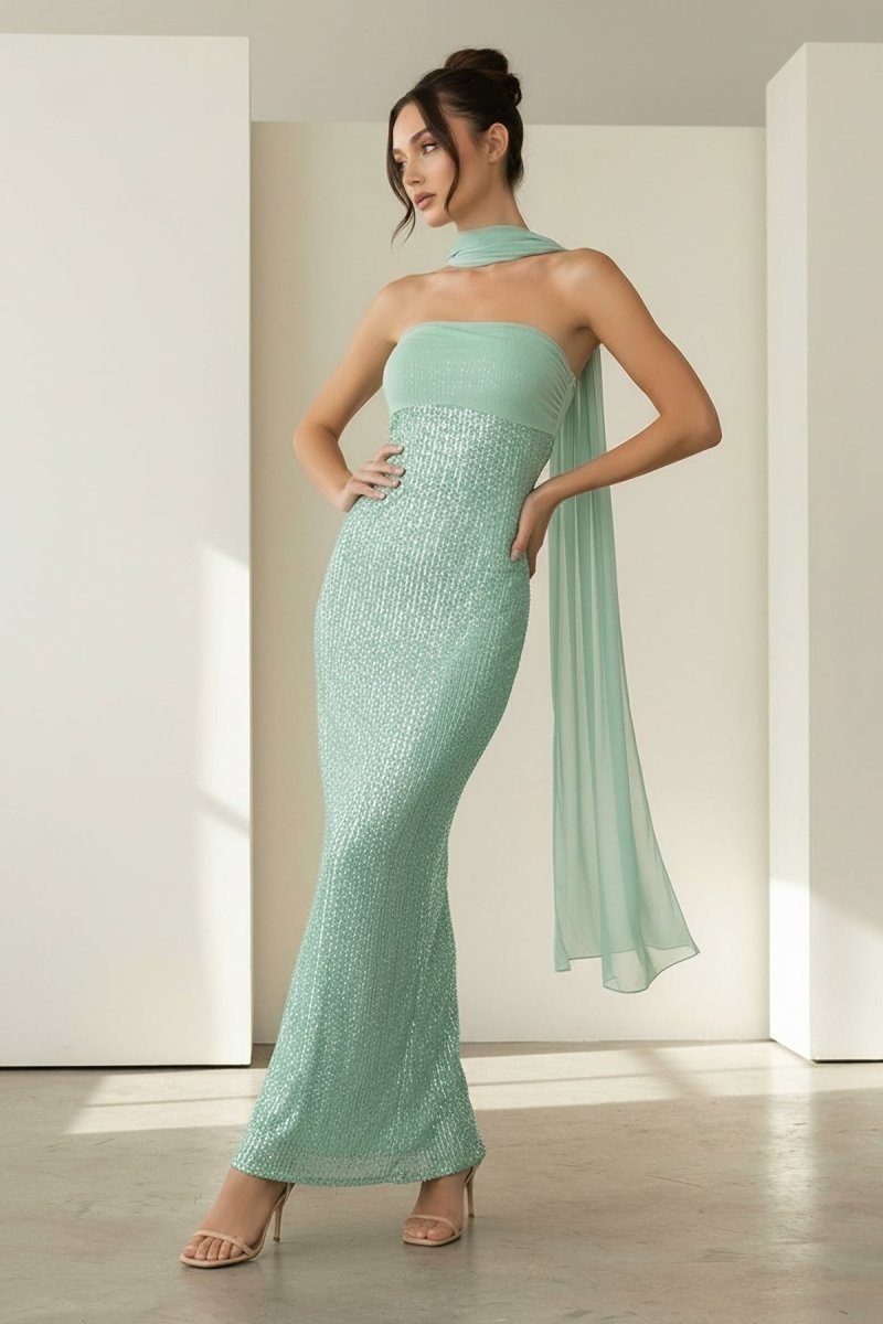 Josephine | Aqua - Strapless Sheath Sequined Formal Prom Dresses With Scarf - KissProm