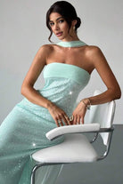 Josephine | Aqua - Strapless Sheath Sequined Formal Prom Dresses With Scarf - KissProm