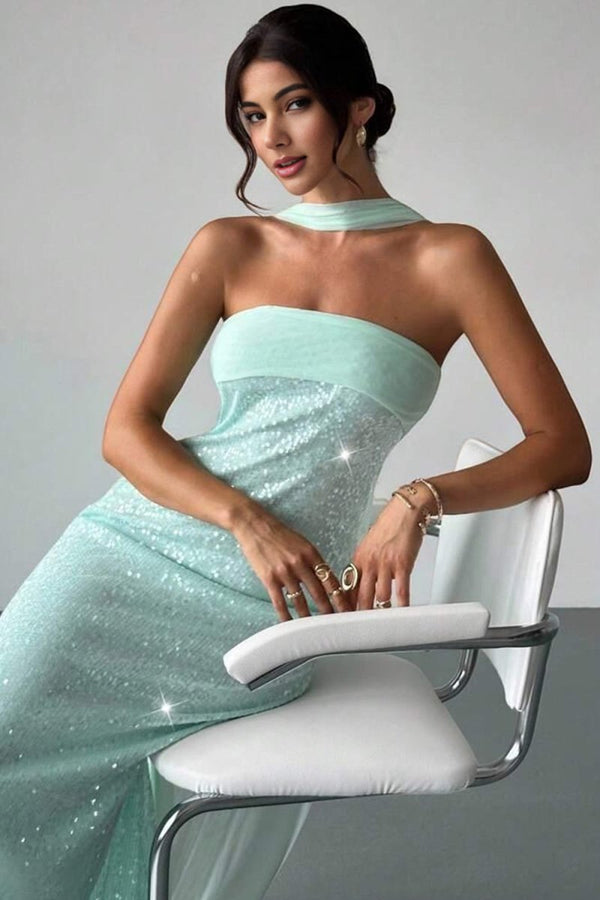 Josephine | Aqua - Strapless Sheath Sequined Formal Prom Dresses With Scarf - KissProm