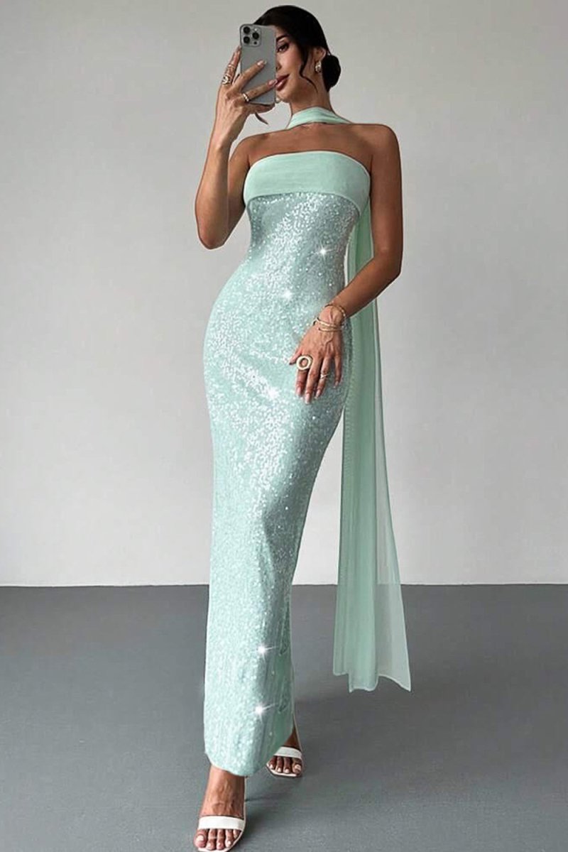 Josephine | Aqua - Strapless Sheath Sequined Formal Prom Dresses With Scarf - KissProm