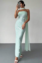 Josephine | Aqua - Strapless Sheath Sequined Formal Prom Dresses With Scarf - KissProm