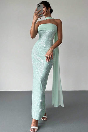 Josephine | Aqua - Strapless Sheath Sequined Formal Prom Dresses With Scarf - KissProm