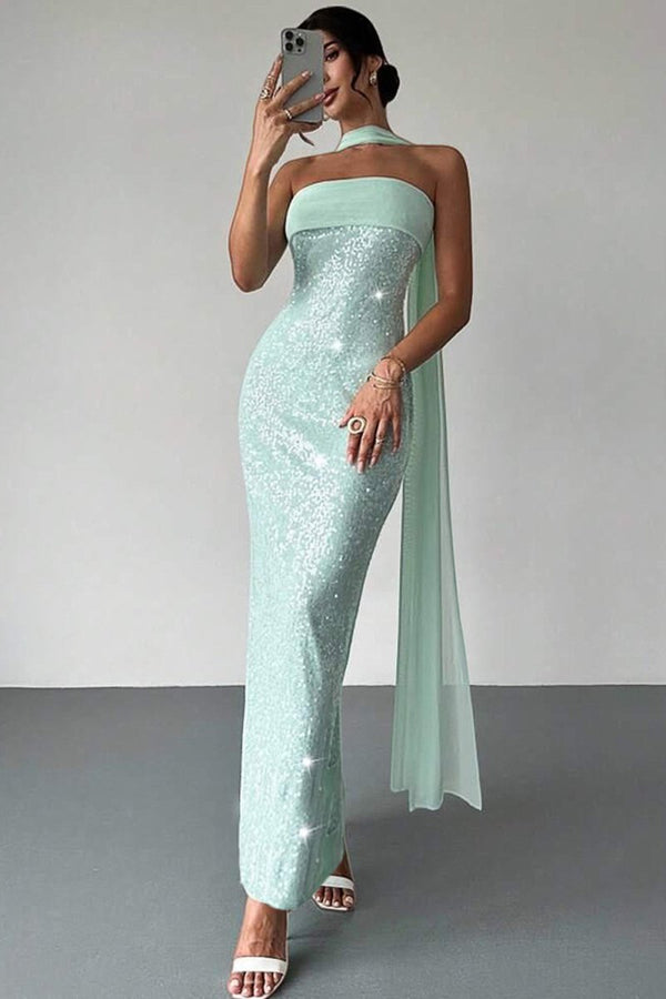Josephine | Aqua - Strapless Sheath Sequined Formal Prom Dresses With Scarf - KissProm