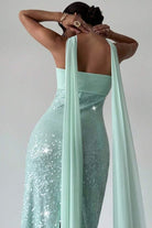 Josephine | Aqua - Strapless Sheath Sequined Formal Prom Dresses With Scarf - KissProm