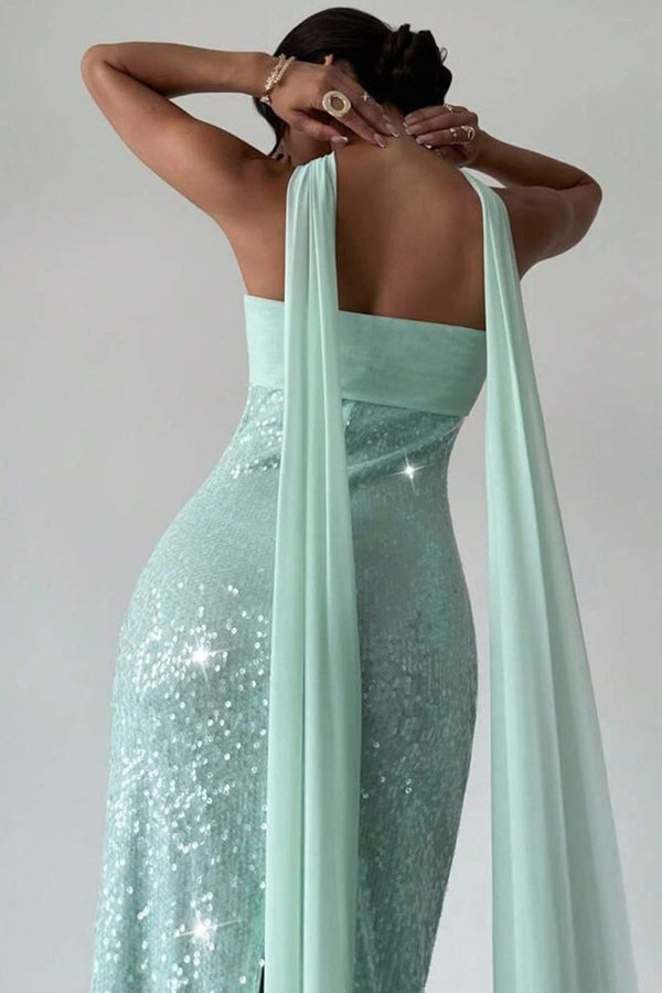 Josephine | Aqua - Strapless Sheath Sequined Formal Prom Dresses With Scarf - KissProm