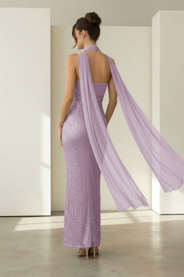 Josephine | Lavender - Strapless Sheath Sequined Formal Prom Dresses With Scarf - KissProm