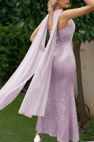 Josephine | Aqua - Strapless Sheath Sequined Formal Prom Dresses With Scarf - KissProm