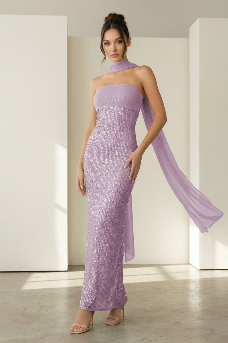 KissProm Aqua Strapless Sheath Sequined Formal Prom Dresses With Scarf, Lilac / 00