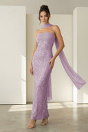 Josephine | Lavender - Strapless Sheath Sequined Formal Prom Dresses With Scarf - KissProm