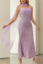 Josephine | Aqua - Strapless Sheath Sequined Formal Prom Dresses With Scarf - KissProm
