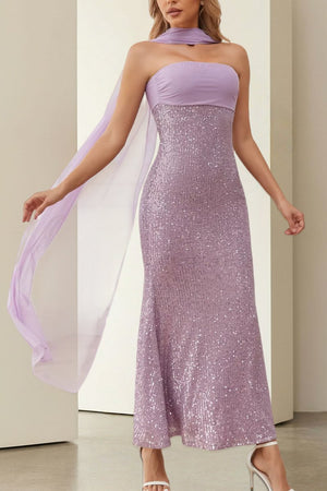 Josephine | Lavender - Strapless Sheath Sequined Formal Prom Dresses With Scarf - KissProm
