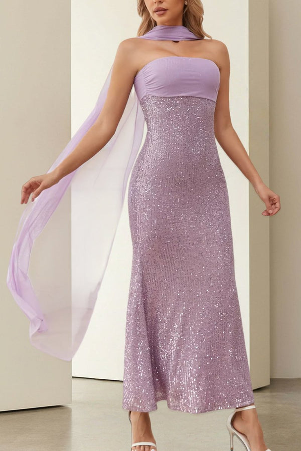 Josephine | Lavender - Strapless Sheath Sequined Formal Prom Dresses With Scarf - KissProm