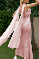 Josephine | Aqua - Strapless Sheath Sequined Formal Prom Dresses With Scarf - KissProm