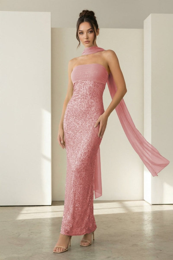 Josephine | Pink - Strapless Sheath Sequined Formal Prom Dresses With Scarf - KissProm