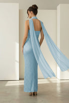Josephine | Aqua - Strapless Sheath Sequined Formal Prom Dresses With Scarf - KissProm