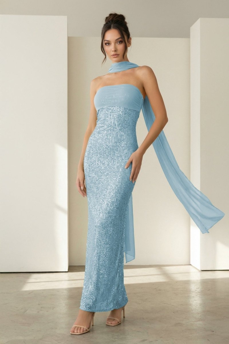 KissProm Aqua Strapless Sheath Sequined Formal Prom Dresses With Scarf, Sky Blue / 12