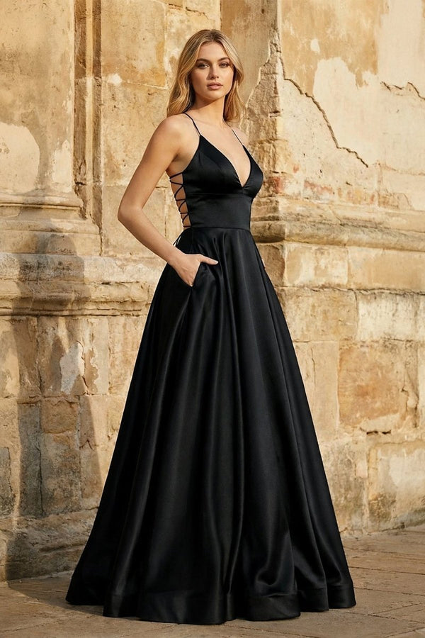 KissProm A Line Royal Blue Spaghetti Straps Satin Prom Dress With Pockets, Black / 6