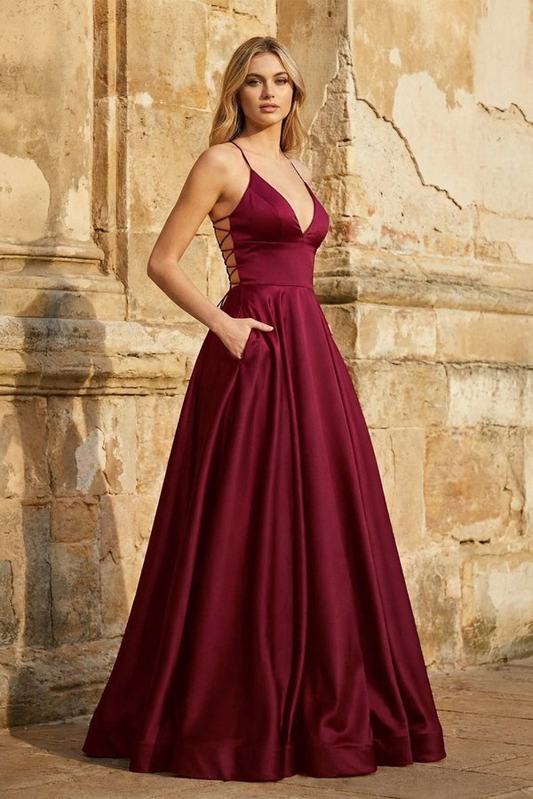 KissProm A Line Royal Blue Spaghetti Straps Satin Prom Dress With Pockets, Burgundy / 14