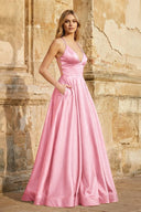 A Line Royal Blue Spaghetti Straps Satin Prom Dress With Pockets - KissProm