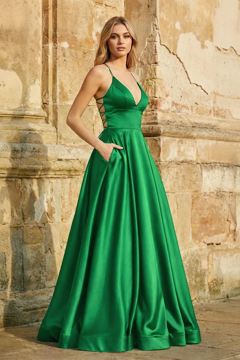 KissProm A Line Royal Blue Spaghetti Straps Satin Prom Dress With Pockets, Emerald / 16