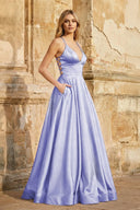 A Line Royal Blue Spaghetti Straps Satin Prom Dress With Pockets - KissProm