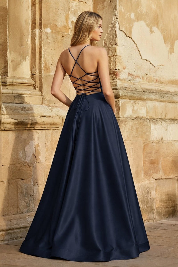 strapless open back dress Royal Blue Prom Dress with Pockets, Lace Bodice, High Slit – AS011 –  Viniodress main image 0