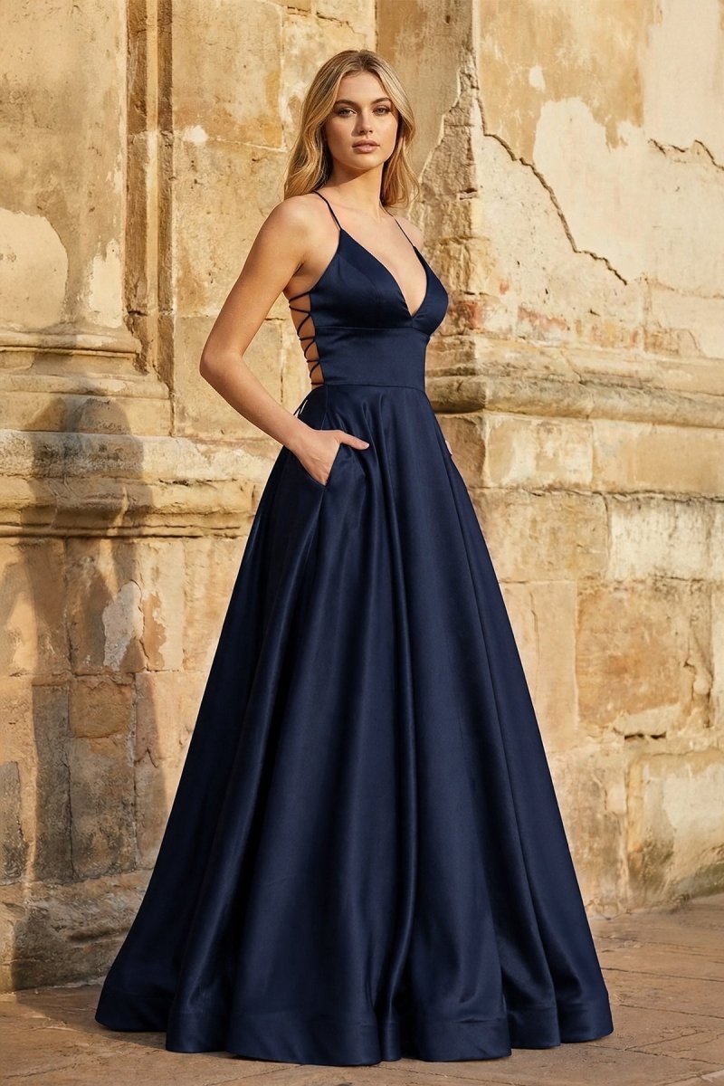 KissProm A Line Royal Blue Spaghetti Straps Satin Prom Dress With Pockets, Navy Blue / 2