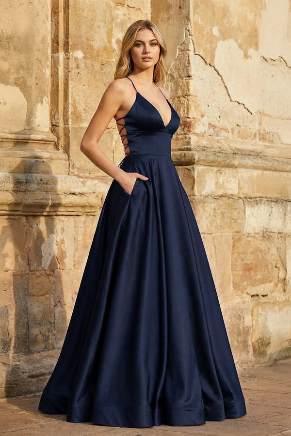 KissProm A Line Royal Blue Spaghetti Straps Satin Prom Dress With Pockets, Black / 6
