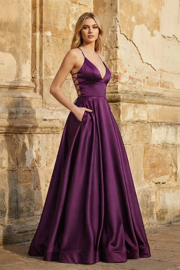 KissProm A Line Royal Blue Spaghetti Straps Satin Prom Dress With Pockets, Burgundy / 14