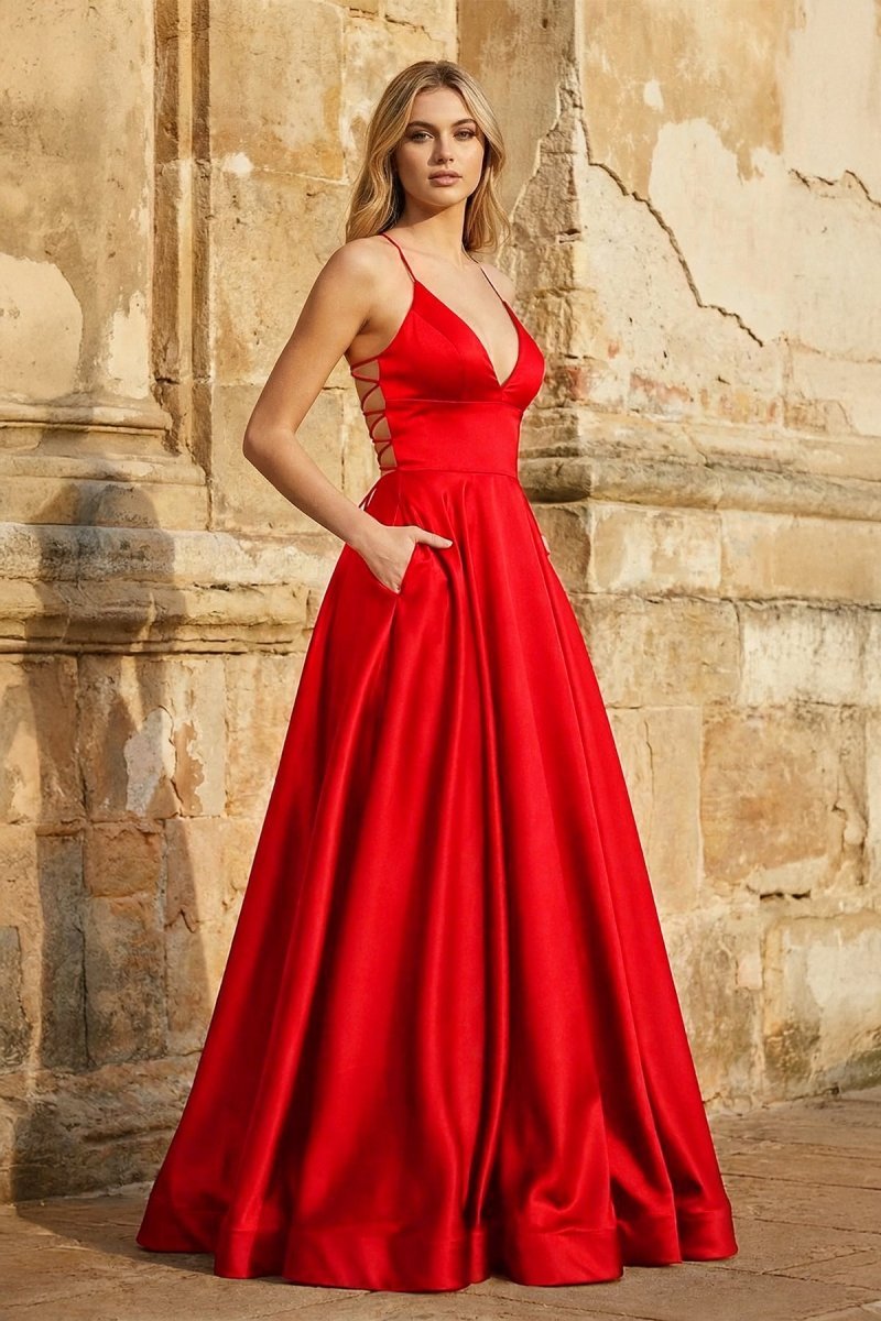 KissProm A Line Royal Blue Spaghetti Straps Satin Prom Dress With Pockets, Red / 00