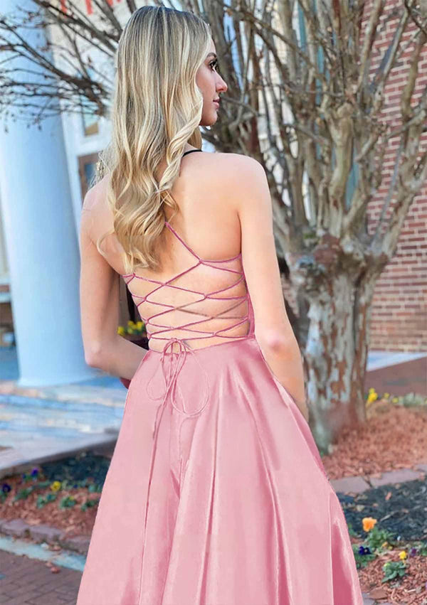 Josey | A Line Royal Blue V Neck Satin Prom Dress With Pockets - KissProm