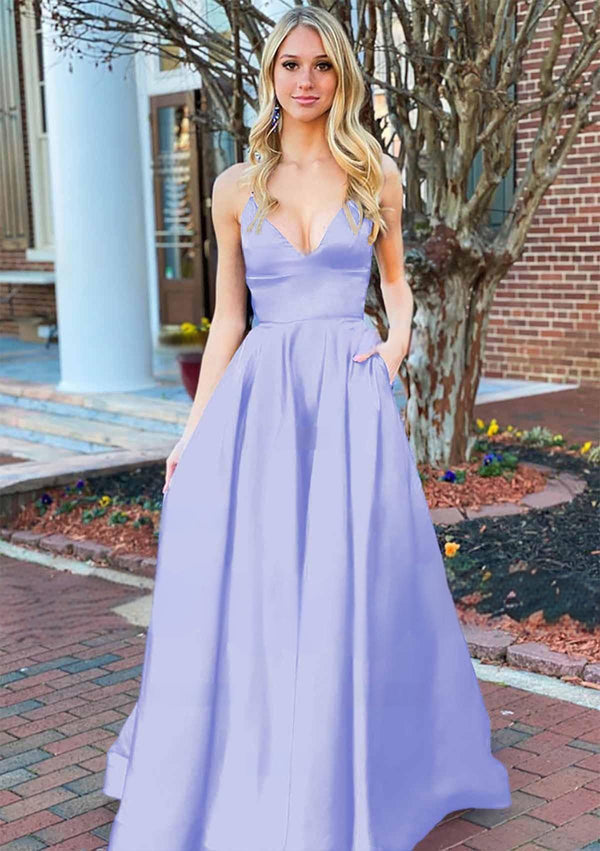 Josey | A Line Royal Blue V Neck Satin Prom Dress With Pockets - KissProm