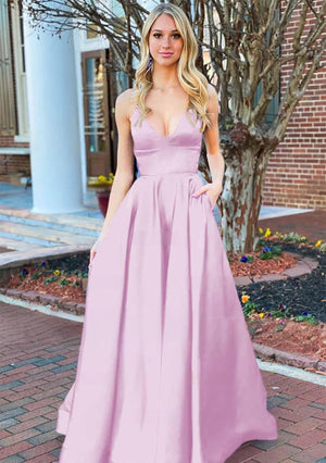 Josey | A Line Royal Blue V Neck Satin Prom Dress With Pockets - KissProm