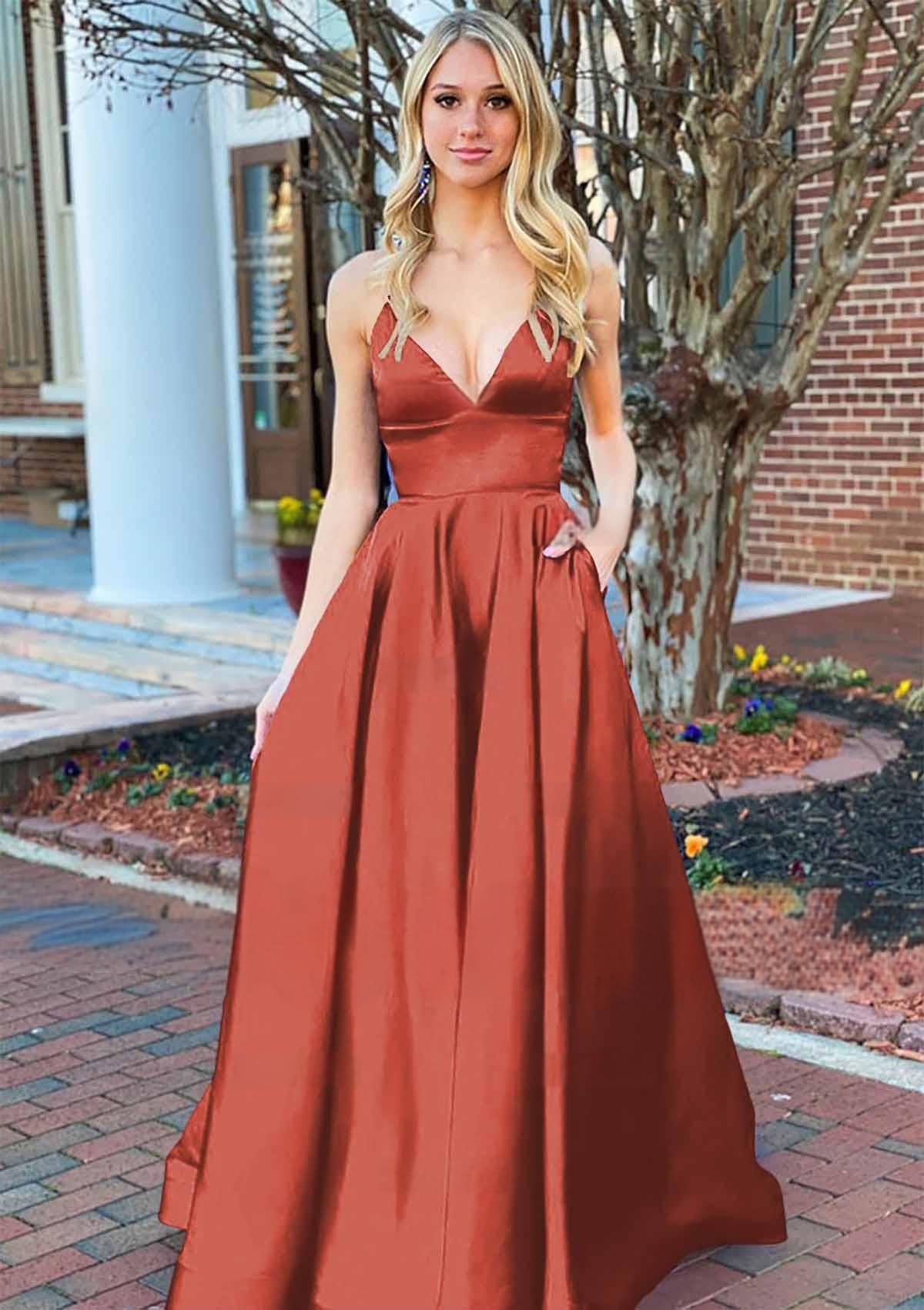 Josey | A Line Royal Blue V Neck Satin Prom Dress With Pockets - KissProm