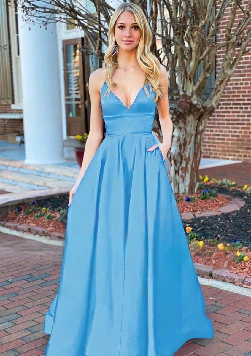 Josey | A Line Royal Blue V Neck Satin Prom Dress With Pockets - KissProm