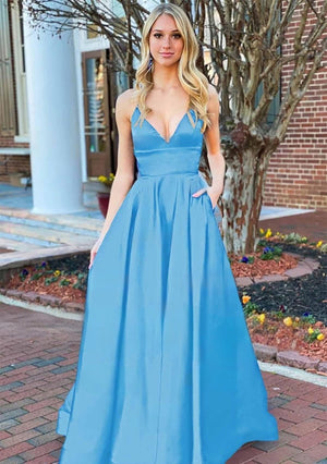 Josey | A Line Royal Blue V Neck Satin Prom Dress With Pockets - KissProm