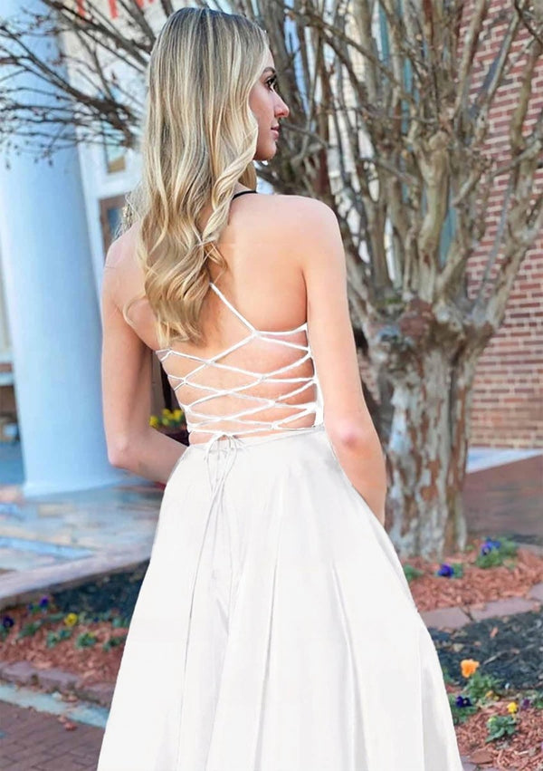 Josey | A Line Royal Blue V Neck Satin Prom Dress With Pockets - KissProm