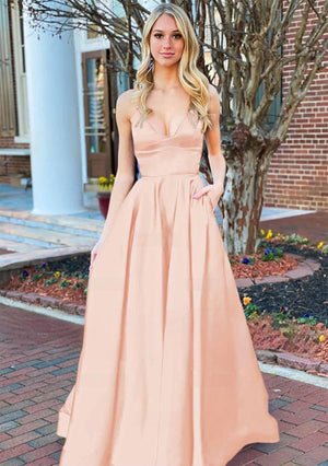 Josey | A Line Royal Blue V Neck Satin Prom Dress With Pockets - KissProm