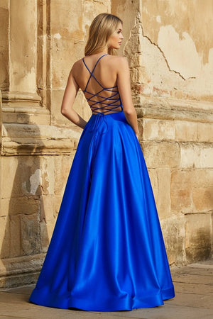A Line Royal Blue V Neck Satin Prom Dress With Pockets - KissProm