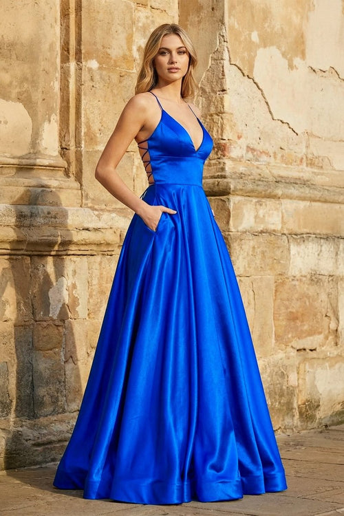 A Line Royal Blue V Neck Satin Prom Dress With Pockets - KissProm