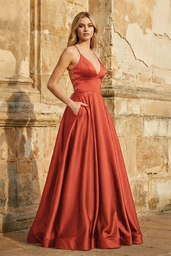 KissProm A Line Royal Blue Spaghetti Straps Satin Prom Dress With Pockets, Red / 00