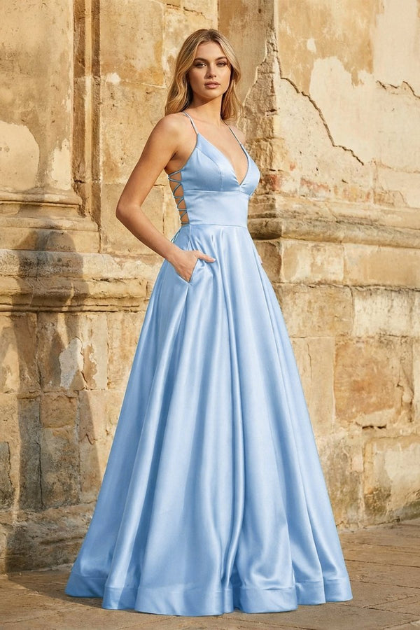 A Line Royal Blue Spaghetti Straps Satin Prom Dress With Pockets A Line Royal Blue Spaghetti Straps Satin Prom Dress With Pockets