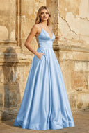 A Line Royal Blue Spaghetti Straps Satin Prom Dress With Pockets - KissProm