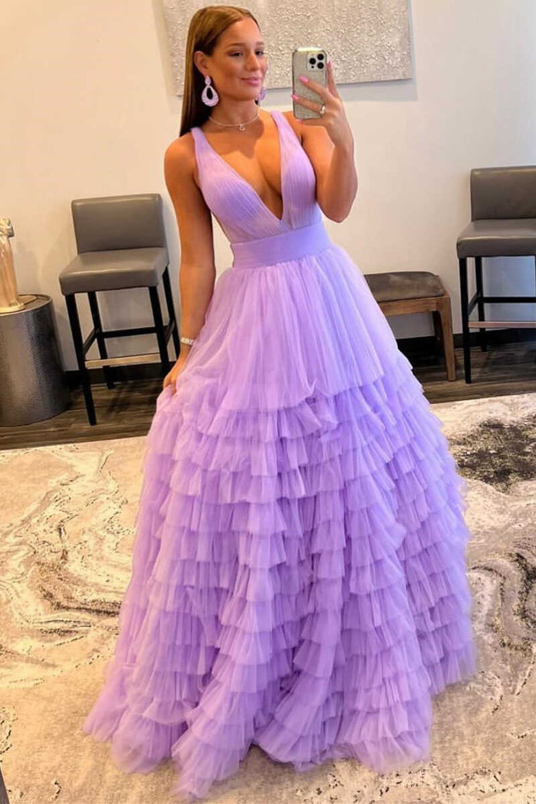Reese |A-line Orange V-Neck Tulle Long Prom Dress