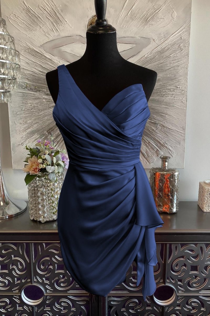Jubilee | Navy Blue - One Shoulder Spandex Pleated Homecoming Dresses With Slit