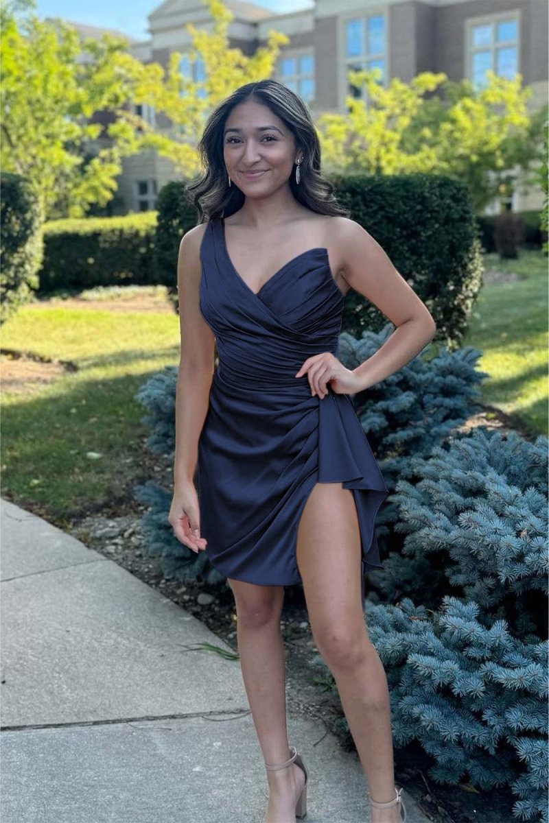 Jubilee | Navy Blue - One Shoulder Spandex Pleated Homecoming Dresses With Slit