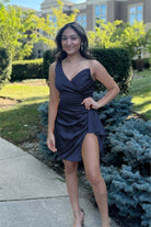 Jubilee | Navy Blue - One Shoulder Spandex Pleated Homecoming Dresses With Slit